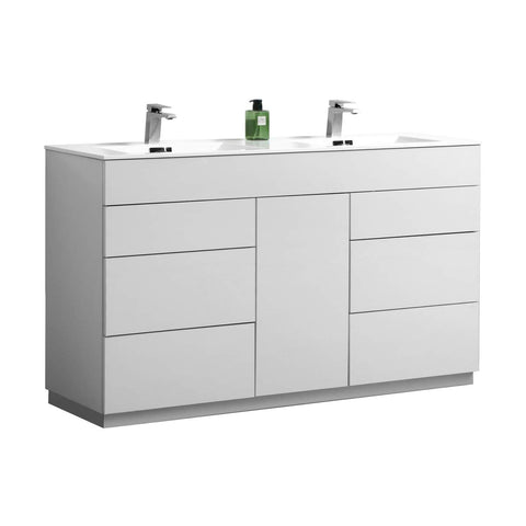 Milano 60" Double Sink High Glossy White Modern Bathroom Vanity
