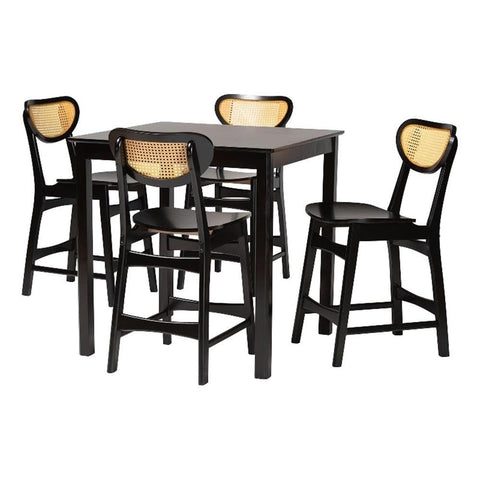 Baxton Studio Hesper 5-Piece Mid-Century Wood & Rattan Pub Set in Brown