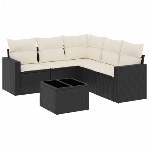 vidaXL Patio Sofa Set with Cushions 6 Piece, Sectional Sofa with Glass Table, Outdoor Conversation Set, Patio Furniture, Black Poly Rattan