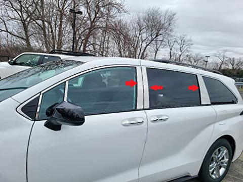 QAA part PP71152 is an 8 piece Stainless Steel Pillar Post Trim, Includes front-front pillar piece that is compatible with the Toyota Sienna 2021-2022