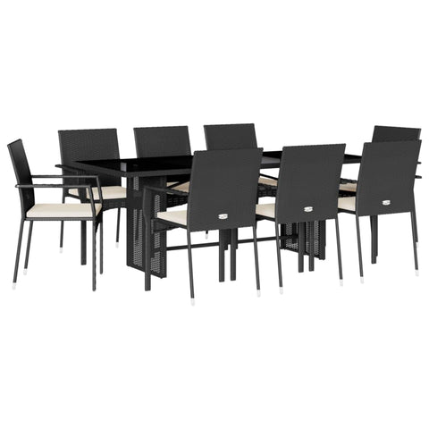 vidaXL 9 Piece Black Patio Dining Set with Cushions - PE Rattan Garden Table & Chairs Outdoor Furniture