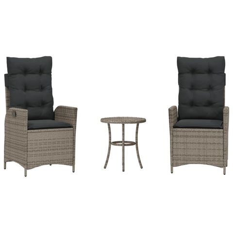 vidaXL 3 Piece Bistro Set with Cushions â€“ Adjustable Gray Poly Rattan Recliners and Table for Garden, Patio, or Balcony