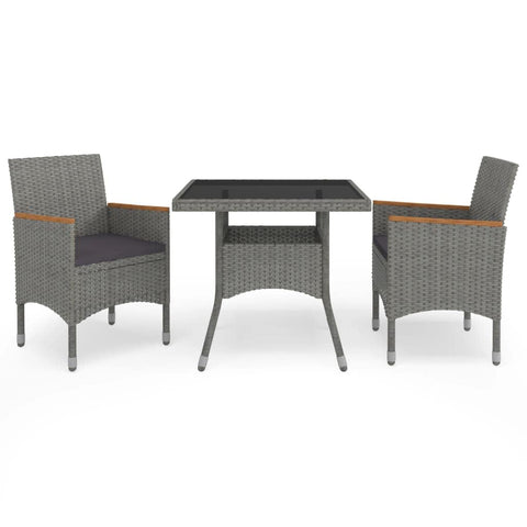 vidaXL 3 Piece Outdoor Dining Set Gray Poly Rattan and Acacia Wood Cushioned Chairs Durable Weather Resistant Furniture Garden Balcony Patio Table