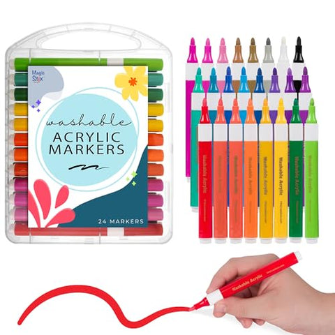 The Pencil Grip Magic Stix Washable Acrylic Markers for Kids and Teens, 24 Non-Toxic Colors, Allergen-Free, Vibrant Paint Pens for Crafting and DIY
