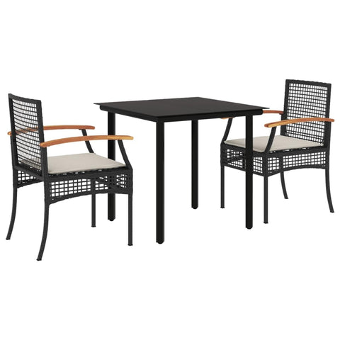vidaXL Garden Dining Set with Cushions 3 Pieces, Table and Chairs, Relaxing Armchairs, Seats for Patio Terrace, Synthetic Rattan Black