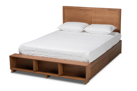 Baxton Studio Tamsin Modern Transitional Ash Walnut Brown Finished Wood Queen Size 4-Drawer Platform Storage Bed with Built-In Shelves