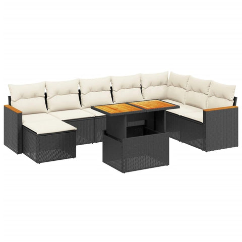 vidaXL 9 Piece Garden Sofa Set with Cushions Black and Cream Adjustable UV Resistant Outdoor Furniture for Patio Lawn Balcony Lounge Modular Sectional Conversation Poly Rattan Pe