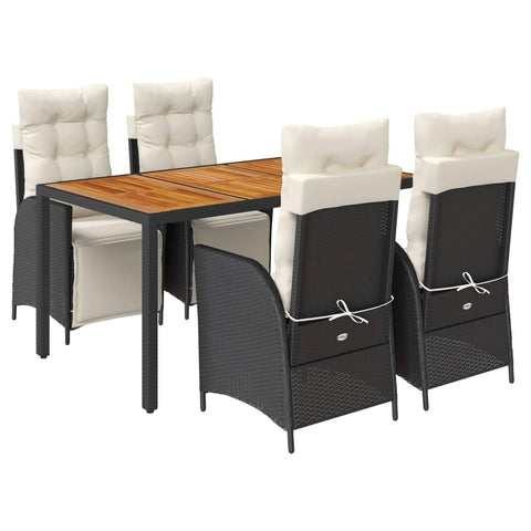 vidaXL 5-Piece Patio Dining Set - Black Poly Rattan Reclining Chairs with Cream White Cushions & Acacia Wood Table for Garden, Backyard, Patio