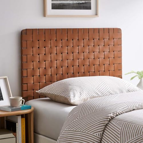Modway Sparta Vegan Leather Weave Twin Headboard in Walnut Brown Faux Leather Twin Headboard Only, Height Adjustable Headboard, Freestanding Headboard for Children's Bedroom or College Dorm