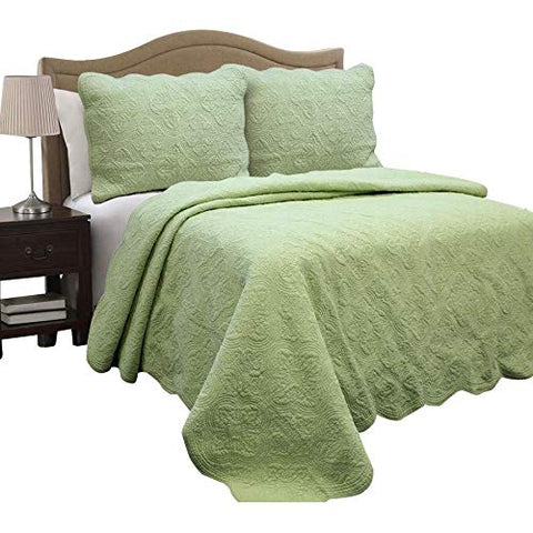 Fast Furnishings Full Queen Green Cotton Quilt Bedspread with Scalloped Borders