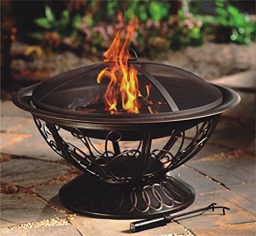 Hiland FT-022 Wood Burning Fire Pit w/Wood Grate and Domed Mesh Screen Lid w/Poker Included, Round, Antiqued Black
