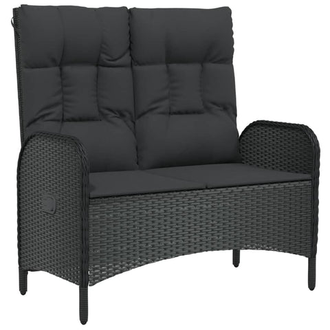 vidaXL Black Patio Bench with Reclining Function - Weather- Poly Rattan Material, Powder-Coated Steel Frame - Cushions Included - Fit for Garden, Terrace, Outdoor Lounge Area Use