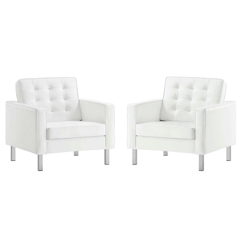 Modway Loft Tufted Vegan Leather Upholstered Living Room Armchairs in Silver White - Set of 2