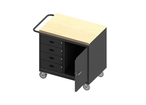 Mobile Bench Cabinet With 5 Inch X 1-1/4 Inch Polyurethane Casters (2) Rigid And (2) Swivel 1 Storage Area With 1 Door 4 Drawers Maple Top Work Surface With Tubular Push Handle Gray
