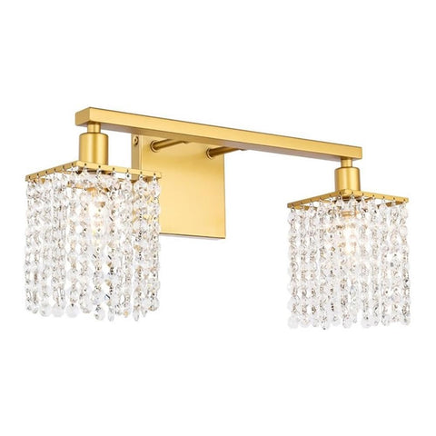 Living District Phineas Midcentury Modern 2 Light Bathroom Wall Sconce in Brass and Clear Crystals