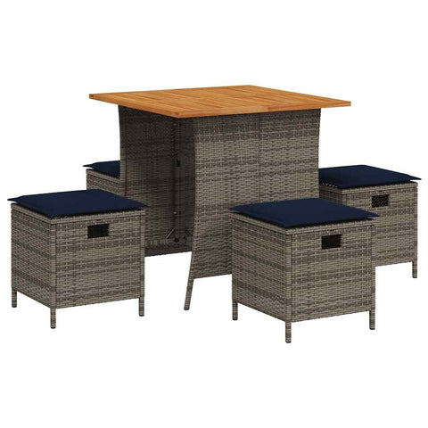 vidaXL 5-Piece Patio Dining Set - Gray Poly Rattan with Cushions, Acacia Wood Table, Outdoor Furniture for Garden/Backyard