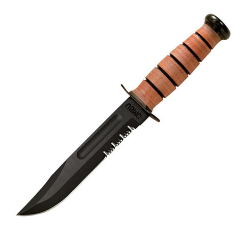 KA-BAR USMC Fighting Fixed Blade Knife 7" Partially Serrated Clip Point 1095 Cro-Van Black Powder Coat Blade Stacked Leather Handle Black/Brown