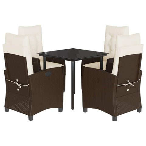 vidaXL 5 Piece Patio Dining Set - Cushioned Brown Poly Rattan with Adjustable Reclining Seats and Tempered Glass Table Top for Outdoor Garden, Backyard, Patio