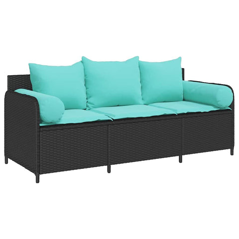 vidaXL Patio Sofa with Cushions 3-Seater Black Poly Rattan, Garden Sofa, Garden Seating, Outdoor Furniture, Outdoor Sofa, Garden Furniture