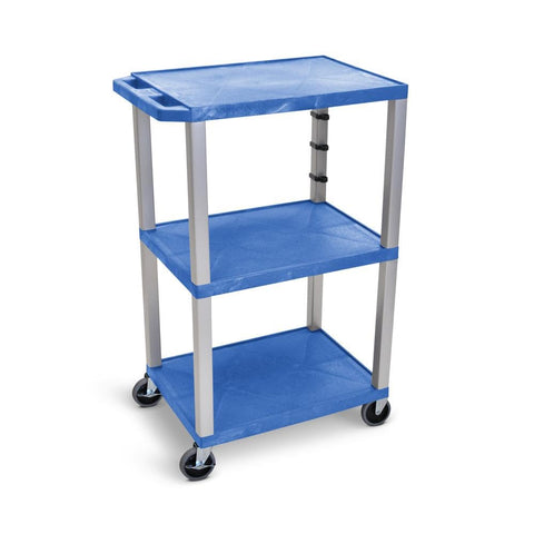 LUXOR UCPL1BU-N 42"H 3-Shelf Utility Cart - Blue Shelves, Nickel Legs