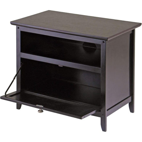 Oakestry Zara Media Stand Espresso Finish Solid Composite Wood Construction with Compact Frame Designed for Space Saving Living Room Entertainment Storage Includes Open Shelf with Cable Cutout