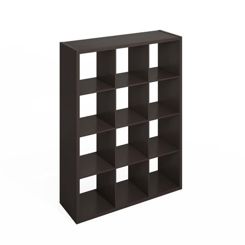 Furinno Simple Cube Storage Organizer, 12-Cube Display Shelf, Open Back Shelving Unit, Storage Shelves, Extra Thick Frame, for Organization and Storage, Living Room, Home Office, Dark Oak