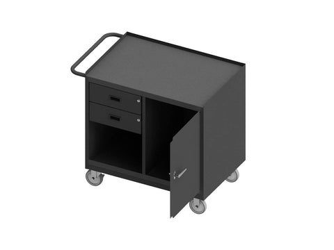 Mobile Bench Cabinet With 5 Inch X 1-1/4 Inch Polyurethane Casters (2) Rigid And (2) Swivel 1 Shelf And 1 Storage Area 2 Drawers And 1 Door Steel Top Work Surface With Tubular Push Handle Gray