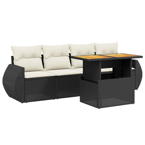 vidaXL 5 Piece Garden Sofa Set Black & Cream with Cushions Weather Resistant Modular Outdoor Furniture for Balcony and Patio Use Sectional Conversation Poly Rattan PE