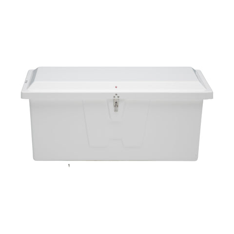 Taylor Made Stow 'N Go Small Fiberglass Dock Box, White (24"H x 54"W x 22"D) – Fiberglass construction, UV gelcoat finish, stainless steel lockable latch and hardware – 2020108652