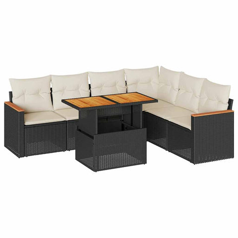 vidaXL 7 Piece Patio Sofa Set with Cushions Black Poly Rattan Acacia, Garden Sofa Set, Garden Lounge Set, Poly Rattan Sofa Set, Outdoor Sofa Set