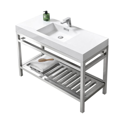 Oakestry Cisco 48-Inch Stainless Steel Bathroom Console Sink Wall Mounted Vanity With Acrylic Sink Chrome Legs Open Shelf Compact Modern Bathroom Sink for Small Spaces
