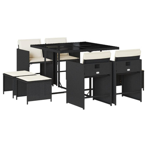 vidaXL Garden Dining Set 9 Pieces with Cushions Black Polyrattan