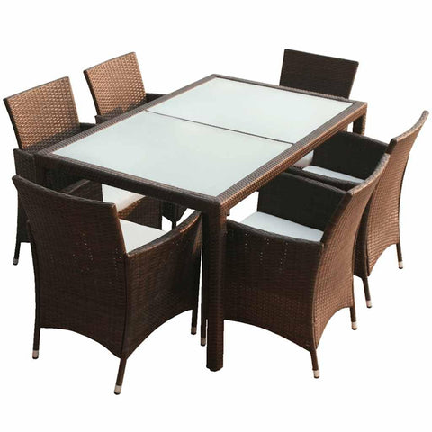 vidaXL 7-Piece Patio Dining Set - Weather- Poly Rattan Construction - Brown Rattan and Cream Cushions - Includes Table, 6 Chairs, and Removable Seat Cushions