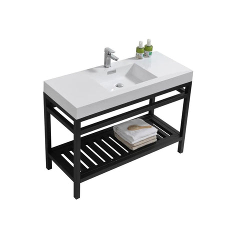 Oakestry Cisco 48-Inch Stainless Steel Bathroom Console Sink Wall Mounted Vanity with Acrylic Sink Matte Black Legs Open Shelf Compact Modern Bathroom Sink for Small Spaces