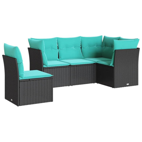 vidaXL Patio Sofa Set with Cushions 5 Piece, Outdoor Conversation Set, Sectional Sofa for Balcony Garden, Modern Style, Black Poly Rattan