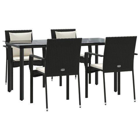 vidaXL 5 Piece Black Poly Rattan Patio Dining Set with Cushions - Weather-Resistant, Modular Design, Comfortable Seating Experience, Sturdy Powder-Coated Steel Frame, Easy-to-Clean Glass Tabletop