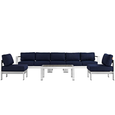 Modway Shore 6-Piece Aluminum Outdoor Patio Sectional Sofa Set in Silver Navy