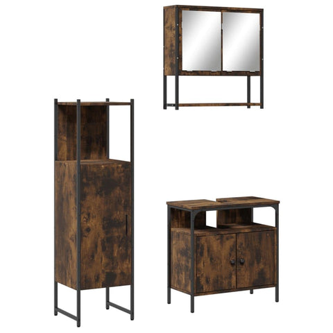 vidaXL 3 Piece Bathroom Furniture Set, Bathroom Cabinets with Storage, Wall Mirror, Toilet Shelves, Smoked Oak Plywood, 3214697