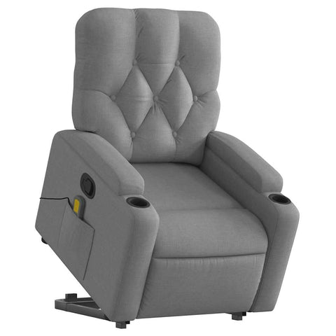 vidaXL Power Lift Massage Recliner - Light Gray Fabric Electric Motor Armchair, Manual Recline, Cup Holders, 3206074