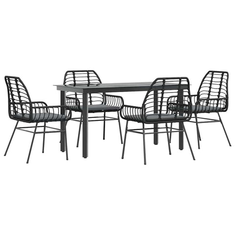 vidaXL 5 piece Patio Dining Set with Cushions-Black Poly Rattan Outdoor Furniture-Glass Tabletop-Garden/Backyard/Patio al Fresco Seating