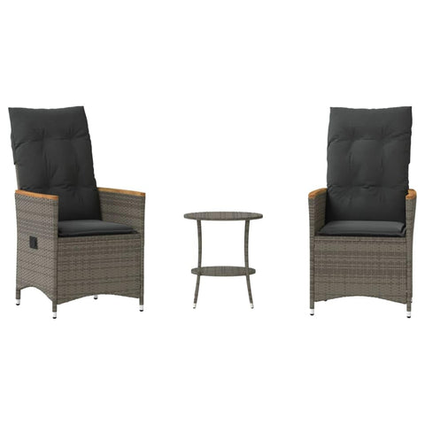 vidaXL Grey Poly Rattan 3 Piece Bistro Set with Cushions, Adjustable Backrest, Outdoor Dining Garden Furniture, Patio Two Seater Wicker Balcony Chairs and Table