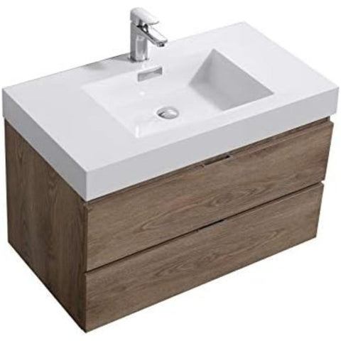 Oakestry Bliss 36 Inch Wall Mounted Bathroom Vanity Butternut Finish Modern Floating Cabinet with Integrated Ceramic Sink and Soft Close Drawers for Medium and Large Bathrooms
