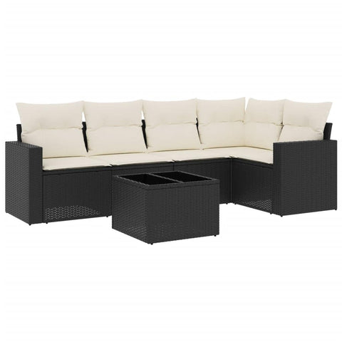 vidaXL Patio Sofa Set with Cushions 6 Piece, Sectional Sofa with Glass Table, Outdoor Conversation Set, Patio Furniture, Black Poly Rattan