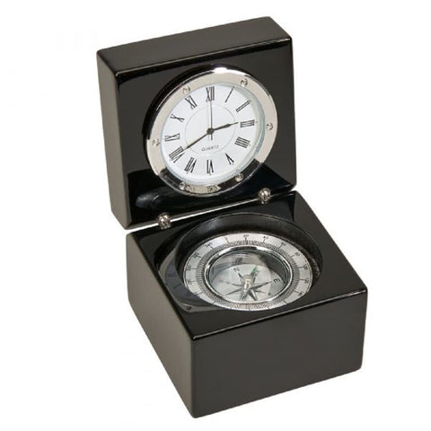 Creative Gifts 069257 Black Square Wood Box with Compass and Clock, 2.87-inch