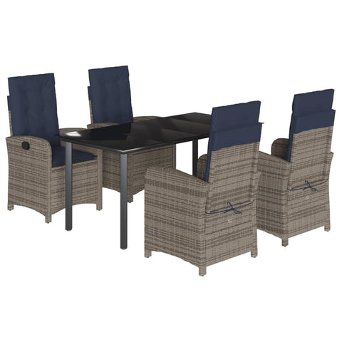 vidaXL 5-Piece Patio Dining Set - Gray Poly Rattan, Adjustable Reclining Chairs, Tempered Glass Table, Navy Cushions, Grey, 3212444