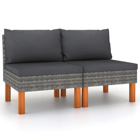 vidaXL Modular Grey Middle Sofa Set for 2 Weather Resistant Poly Rattan & Eucalyptus Wood Contemporary Outdoor Seating Patio Garden Or Balcony Removable Cushions Included Furniture Sectional