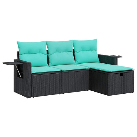 vidaXL 4-piece Black Poly Rattan Patio Sofa Set with Storage, Cushions & Footstool for Garden, Terrace, Deck - Weather-, Removable Covers