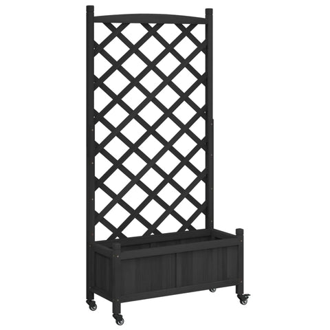vidaXL Outdoor Flower Box with Trellis - Solid Fir Wood Planter on Wheels, Black, 29.5"x13.8"x62" for Garden, Patio
