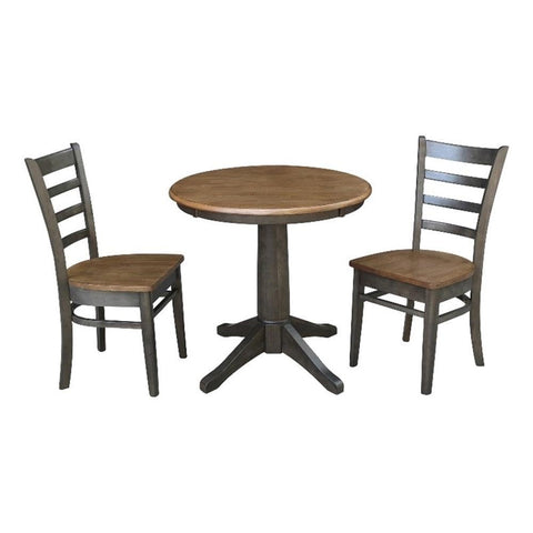 IC INTERNATIONAL CONCEPTS 30" Round Wood Table with 2 Emily Chairs in Hickory/Washed Coal - 3 Piece Set