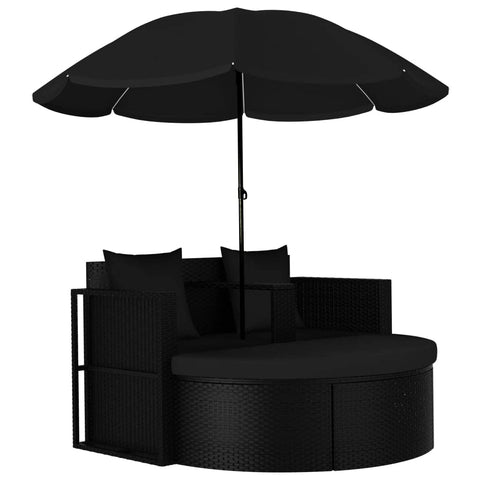 vidaXL Outdoor Patio Wicker Daybed with Parasol - Poly Rattan Black, UV Protective, Weather-, Detachable Footrest and Parasol, Cushions Included, Ergonomic Design for Garden/Patio